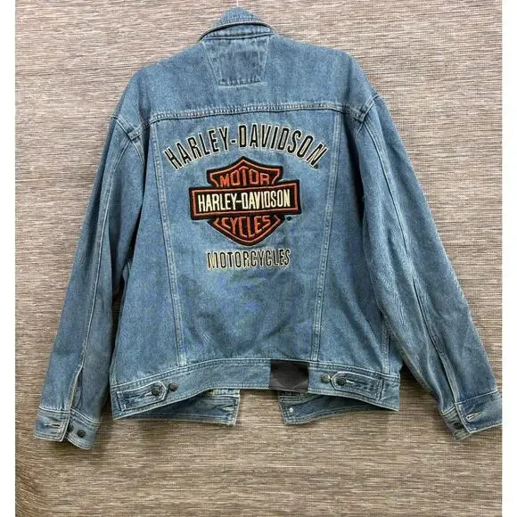Vintage Harley Davidson Motorcycle Denim Jean Jacket Blue Cotton Men's Size L